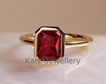 Vintage Emerald Cut Ruby Ring: 14k Yellow Gold Bezel Setting