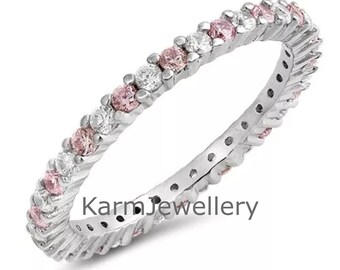 Anello eternity con diamanti rosa e bianchi, fede nuziale eternity completa con diamanti CZ, delicata fede nuziale in argento 925, regalo di anniversario per lei