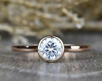 Round Cut Moissanite Engagement Ring, Bezel Set Moissanite Ring, 1.50 Ct Moissanites Bridal Ring, 14k Rose Gold Ring, Luxpensive Custom Ring