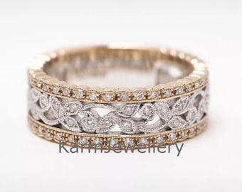 Two tone Gold Vintage Filigree Wedding Band, Antique Art Deco Anniversary Ring For Women, Unique Milgrain Wide Moissanite Engagement Bands