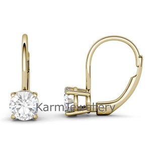 Moissanite Diamond Dangle Earrings, Round Cut Solitaire, Lever Back