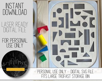 Puede incluir: Un archivo SVG digital para un juguete de clasificación de formas de corte por láser. El diseño presenta una variedad de formas geométricas, incluidos círculos, cuadrados, rectángulos, triángulos y semicírculos. El archivo está diseñado para adaptarse a un contenedor de almacenamiento Trofast grande.  "PERSONAL USE ONLY - DIGITAL SVG FILE - FITS LARGE TROFAST STORAGE BIN"