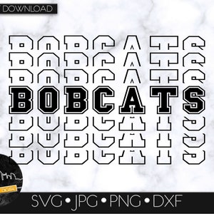 May include: Black and white graphic design of the word "BOBCATS" in a stacked, layered, and outlined style. The design is perfect for creating a sports team logo, t-shirt design, or other creative projects.