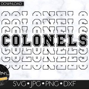 May include: Black and white graphic design featuring the word "COLONELS" in bold, block letters. The word is surrounded by a pattern of repeated, stylized letter "C" shapes.
