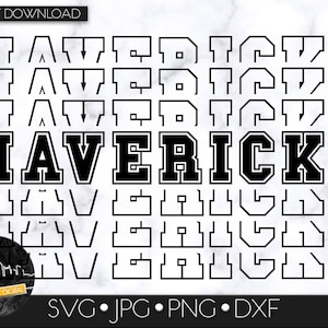 Può includere: Design in bianco e nero a strati della parola "MAVERICKS" in un carattere audace e a blocchi. Il design è a strati con contorni delle lettere, creando un effetto a strati. La parola "MAVERICKS" è in maiuscolo. Il design è su uno sfondo bianco.