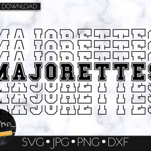 May include: Black and white graphic design of the word "MAJORETTES" in a bold, blocky font. The word is repeated multiple times in a stacked pattern, with the letters outlined in white.