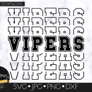 May include: Black and white digital download design featuring the word "VIPERS" in a bold, blocky font. The design includes multiple outlines of the word, with arrows pointing down.