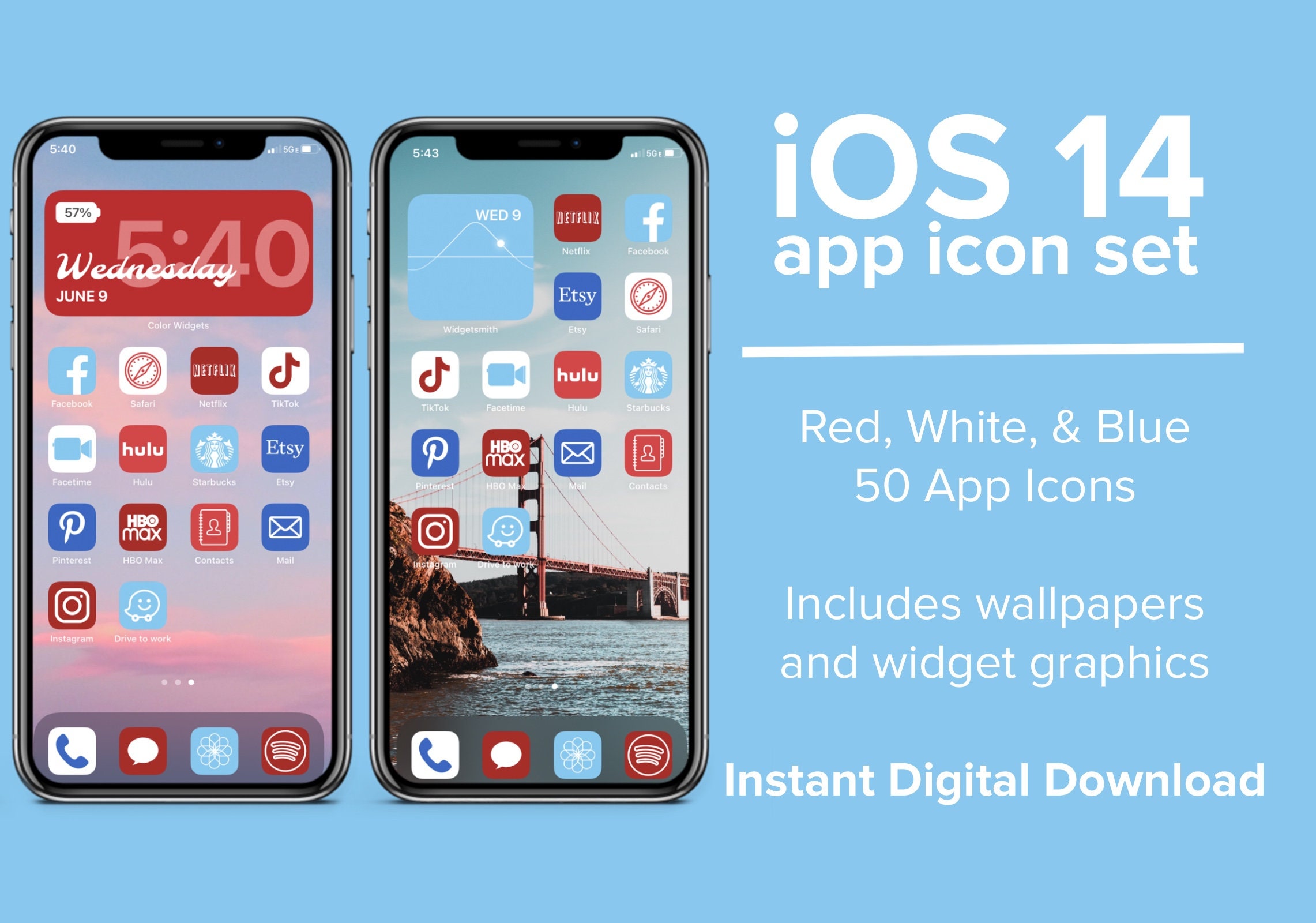 iOS 14 App Icons | Red, White, and Blue | Aesthetic iPhone Theme | 50 Apps Icons + Widgets and Backgrounds