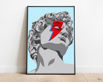 Michelangelo's The David Bowie - Digital Print  |  Hand-Drawn Original Pop Art  |  Classic Rock, Music Art  |  High-Res Printable Wall Art