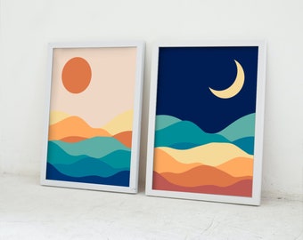 Set of 2 Digital Artwork Prints  |  Moon and Sun  |  Modern, Minimal, Mid-Century Original Art  |  High-Res Printable Wall Art
