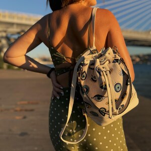 Gobelin Rucksack Tasche Sack Stoffbeutel Tasche mit einem Muster Long Strap Rucksack Evil Eye BAG