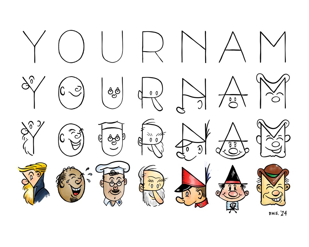 Custom Men Alphabet Name Art: Pen & Ink Watercolor Print (10x8 Unframed ...
