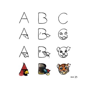 ABC Animal Alphabet Art Lettering Pen & Ink Watercolor Painting, Unframed Print