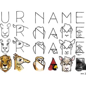 Your Name: Animal Alphabet Custom Art; Lettering Pen & Ink Watercolor Painting, Unframed Print. Up to 7 letters on 10&quot;x8&quot;