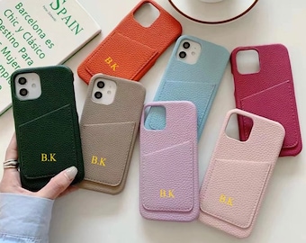 Pebble Leather Phone Case with cardholder slot | Monogram Custom Embossed Personalized Phone Case | Phone Cover | Personalized Gifts