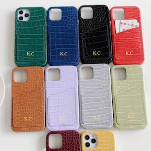 Monogrammed Croc Leather Phone Case With Card Holder, Custom iPhone Case with Initials, Custom iPhone 11 7 8 XR Case Embossed iPhone 12 Case