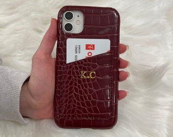 Monogrammed Croc Leather Phone Case With Card Holder, Custom iPhone Case with Initials, Custom iPhone 11 7 8 XR Case Embossed iPhone 12 Case