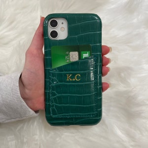 Monogrammed Croc Leather Phone Case With Card Holder, Custom iPhone Case with Initials, Custom iPhone 11 12 13 14 15 7 8 XR Case Embossed