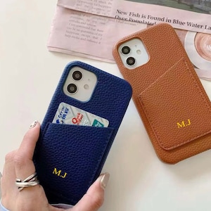 Pebble Leather Phone Case with cardholder slot | Monogram Custom Embossed Personalized Phone Case | Phone Cover | Custom Gifts