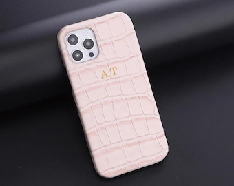 Étui de téléphone personnalisé en cuir façon crocodile | Initiales personnalisées disponibles pour tous les modèles d'iPhone