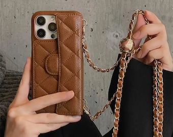 Luxury Leather Slot Card Holder Wallet Phone Case For iPhone 15 14 13 12 11 Plus Pro Max Crossbody Chain Cover designer caviar all iphones