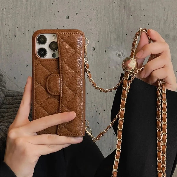Luxury Leather Slot Card Holder Wallet Phone Case For iPhone 15 14 13 12 11 Plus Pro Max Crossbody Chain Cover designer caviar all iphones
