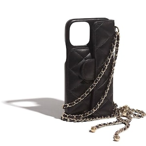 Chanel Silver Metallic Leather Cc Chain Strap Phone Case