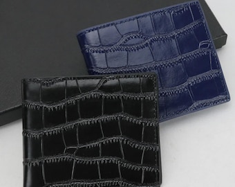 Portefeuille à deux volets en cuir véritable fait main avec rabat en crocodile • Option monogramme • Porte-cartes fin • Cadeaux pour lui • Idées cadeaux pour portefeuille Goldbar en cuir