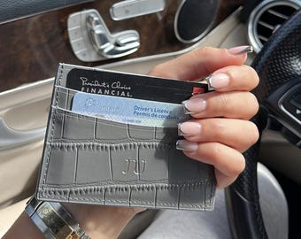 Porte-cartes personnalisé gravé – Portefeuille fin en cuir vegan personnalisé, étui minimaliste pour cartes de crédit, cadeau monogramme pour lui ou elle
