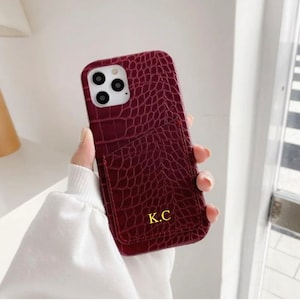 Monogram Croc lederen telefoonhoes met kaarthouder, aangepaste iPhone-hoes met initialen, aangepaste iPhone 16 15 14 13 12 11 7 8 XR Case pro max