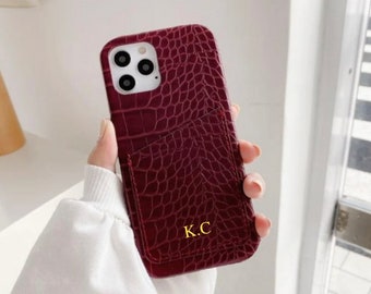 Monogrammed Croc Leather Phone Case With Card Holder, Custom iPhone Case with Initials, Custom iPhone 16 15 14 13 12 11 7 8 XR Case pro max