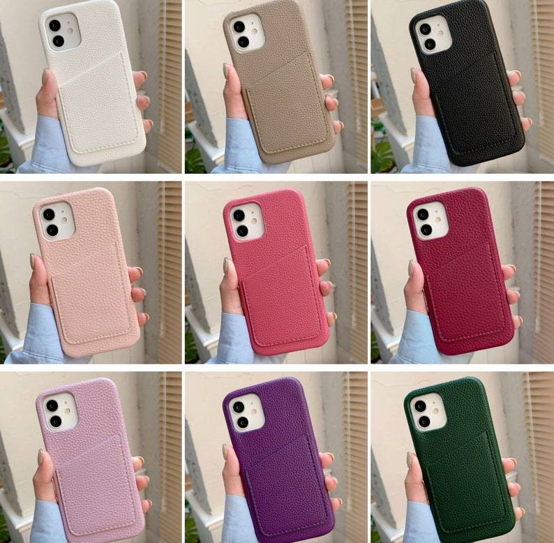 May include: Ten different colored phone cases with a card slot. The cases are made of a textured material and have a variety of colors, including black, white, pink, red, green, purple, and brown.