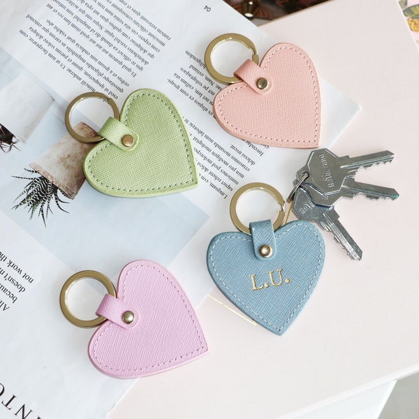 Heart Key Chain | Key Ring | Personalised Metallic Monogram Saffiano Leather | Customized Gift | Unique Gifts Embossed Engraving