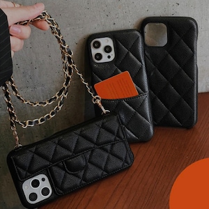 Luxury Leather Slot Card Holder Wallet Phone Case For iPhone 15 14 13 12 11 Pro Max all sizes Plus Pro Crossbody Chain Cover designer caviar