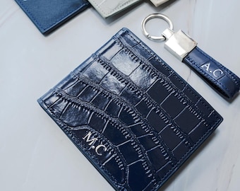 Portefeuille à deux volets en cuir véritable fait main avec rabat en crocodile • Option monogramme • Porte-cartes fin • Cadeaux pour lui • Idées cadeaux pour portefeuille Goldbar en cuir