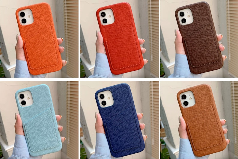 May include: Six different colored phone cases with a built-in card holder. The cases are made of textured leather and come in orange, red, brown, light blue, dark blue, and tan.