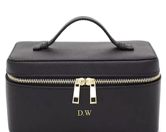 Trousse de toilette personnalisée en cuir Saffiano - Trousse de maquillage de voyage monogrammée - Trousse de toilette quotidienne - Cadeaux pour mariées et demoiselles d'honneur