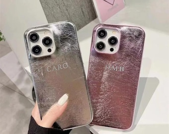 Étui en cuir métallique chromé pour iPhone 16 15 14 13 12 11 Pro XS Max X XR 7 8 Luxury Crocodile Cover en relief idée cadeau initiale personnalisée