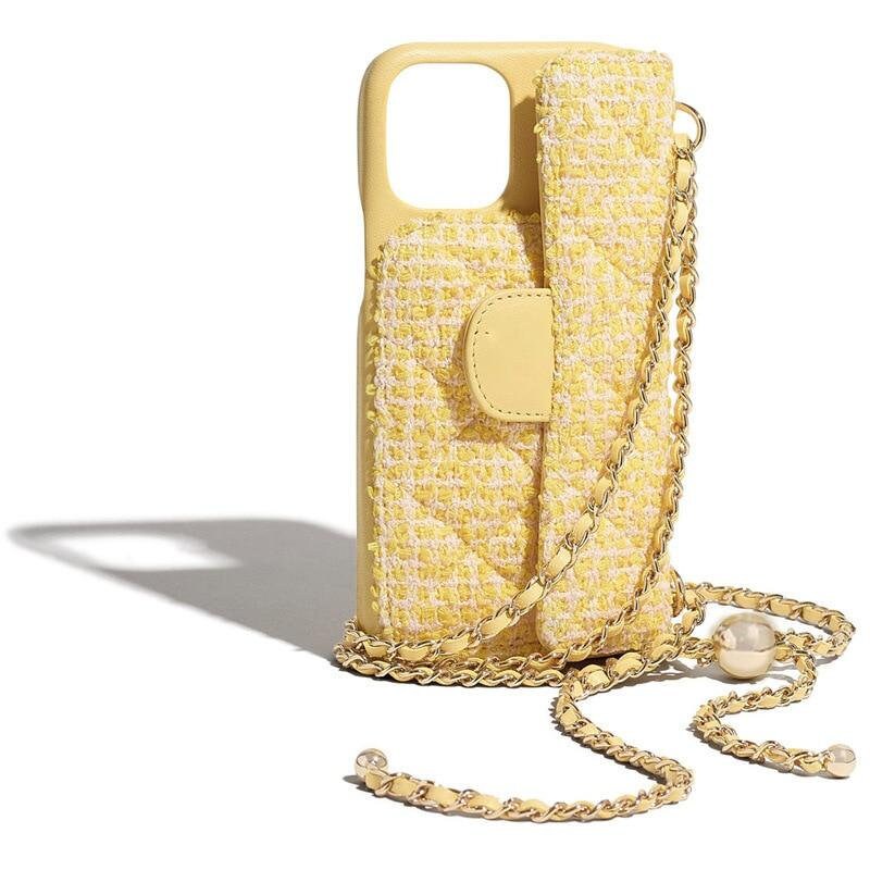 CHANEL Tweed Quilted iPhone XII Pro Max Case With Chain Yellow