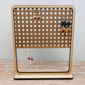Rattan rectangle earring stand, wooden organiser, jewellery display, gifts for her, studs, birthday present, home decor, wife, girlfriend,