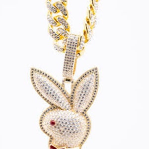 Silver a gold plated cubic zirconium playboy bunny chain and pendant, playboy bunny pendant, iced out playboy bunny jewelry, Cuban link