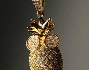 Iced Out Pineapple with sunglasses Pendant Necklace, cubic zirconium pineapple pendant, iced out gold pineapple pendant, iced out pendant