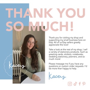 May include: A square graphic featuring the text THANK YOU SO MUCH! in large pink letters on a light blue background. It includes a photograph of a person with long brown hair wearing a sage green long-sleeve shirt, the Kacey Creations logo, and text.