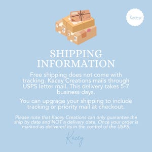 May include: A light blue graphic featuring a stack of three brown cardboard shipping boxes tied with string. The text Kacey Creations appears in a white scalloped circle at the top right and in a cursive script at the bottom center of the image.