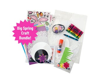 May include: A craft kit with a pink starburst sticker that says "Big Spring Craft Bundle!" The kit includes a variety of craft supplies, including paper, stickers, googly eyes, glitter, crayons, and glue.