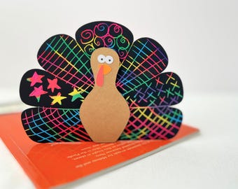 Thanksgiving craft kids rainbow scratch turkey craft for busy family Thanksgiving kids table turkey decor for classroom Thanksgiving favor