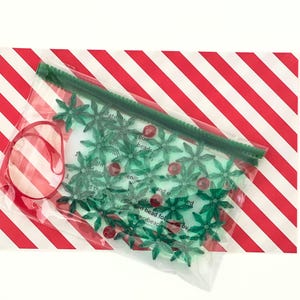 Pode incluir: Um saco de pl&aacute;stico transparente com contas verdes em forma de estrela, um limpador de cachimbo vermelho e um cart&atilde;o branco com o texto "Celebrate with you!" O saco est&aacute; sobre uma superf&iacute;cie listrada vermelha e branca.
