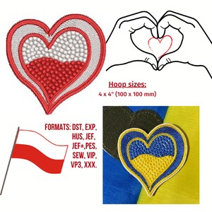 Peut inclure: Deux patchs brodés en forme de cœur, l'un aux couleurs du drapeau polonais et l'autre aux couleurs du drapeau ukrainien. Les patchs mesurent 10 cm de diamètre et sont disponibles dans plusieurs formats, notamment DST, EXP, HUS, JEF, JEF+, PES, SEW, VIP, VP3 et XXX.