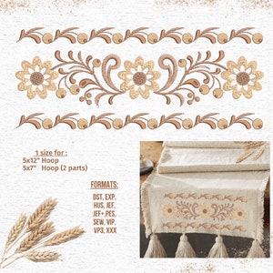 May include: A beige table runner with a floral embroidery design. The embroidery features brown flowers and leaves. The runner has fringe on the ends and is 5x12 inches or 5x7 inches (2 parts). The image also shows wheat stalks and text that reads "FORMATS: DST, EXP, HUS, JEF, JEF+,PES, SEW, VIP, VP3, XXX"