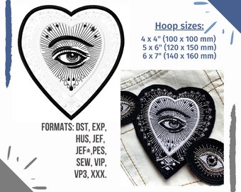 Mystic Eye Inside Decorative Heart, Pattern Embroidered Applique Patch, Digital Machine Embroidery Design All seeing Eye